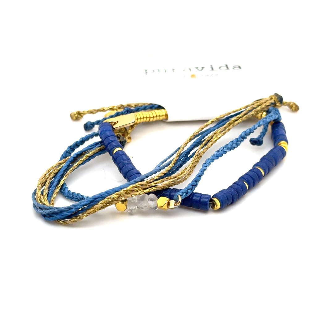 Pura Vida Blue and Gold Beaded Bracelet Stack Multi Strand Boho Adjustable
